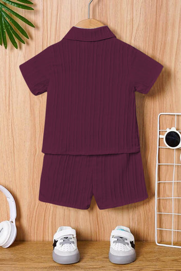 Boys Dark Purple Cotton Blend Striped Printed Shirt With Short Pant Set