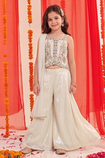 Baby Off White Silk Blend Bead Embroidery Work High Low Style Kurta Palazzo Set with Net Dupatta For Wedding Wear