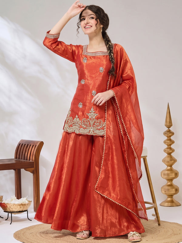 Girls Rust Embroidered Kurta and Palazzo With Dupatta For Festive wear