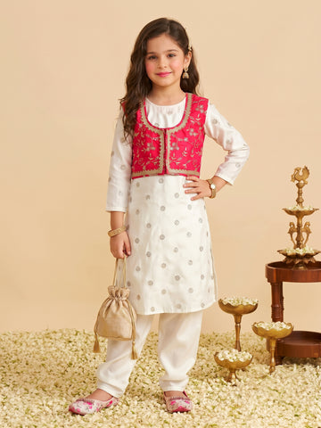 Girls Off White Silk Blend Embroidered Kurta with Koti and Pyjama Ethnic Set