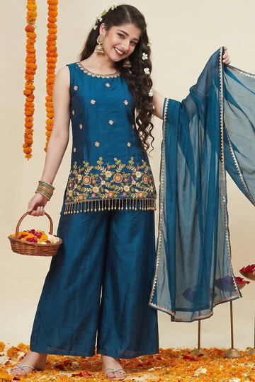 Girls Rust Silk Blend Embroidered Kurta and Palazzo With Dupatta Set For Party Wear