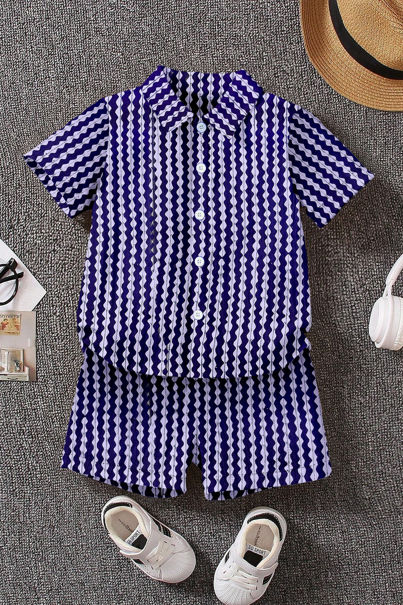 Boys Blue Cotton Blend Printed Shirt With Short Pant Set