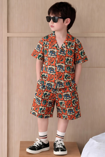 Boys Orange Cotton Blend Animal Motifs Printed Shirt and Shorts For Boys Summer Trend