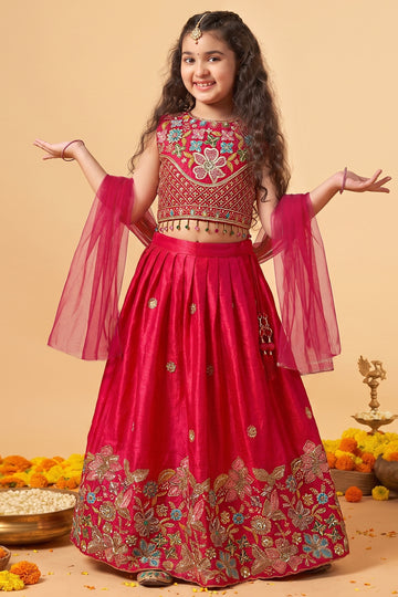 Girls Rani Silk Blend Embroidered Lehenga and Choli With Dupatta For Festive Look