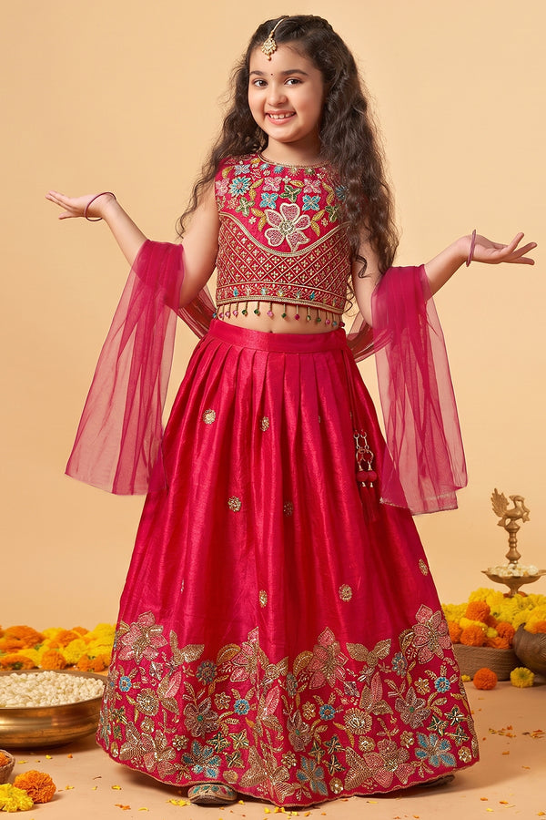 Girls Rani Silk Blend Embroidered Lehenga and Choli With Dupatta For Festive Look
