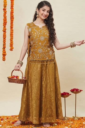 Girl's Brown Silk Blend Embroidered Sleeveless Kurta Style Choli with Side Knot and Flared Lehenga For Traditional Look