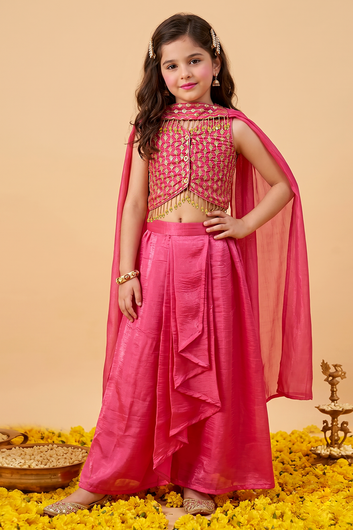 Girls Rani Embroidered Crop Top and Skirt With Dupatta For Festive wear