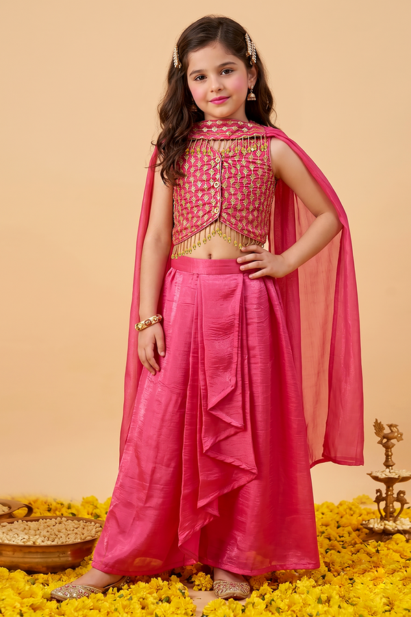 Girls Rani Embroidered Crop Top and Skirt With Dupatta For Festive wear