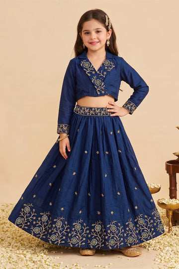 Girls Navy Blue Silk Blend Floral Embroidered Lehenga and Choli Set For Traditional Look