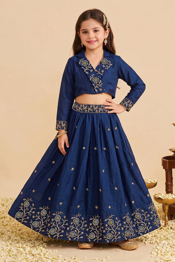 Girls Navy Blue Silk Blend Floral Embroidered Lehenga and Choli Set For Traditional Look