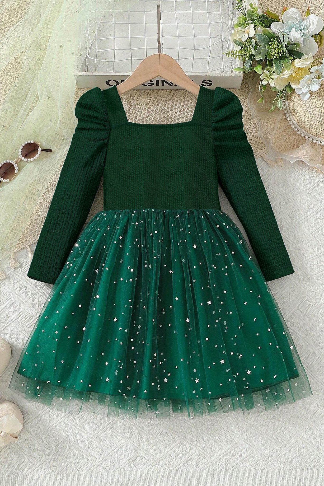 Girls Green Zurick Christmas Gathered Printed A-Line Knee Length Dress