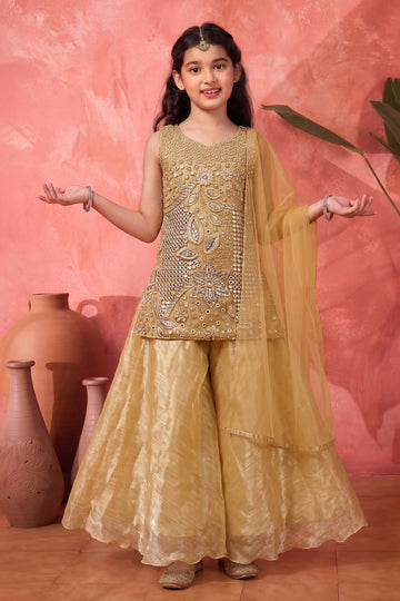 Girls Chikoo Silk Blend Silk Blend Mirror Embroidered Kurata and Palazzo With Dupatta For Celebration Wear
