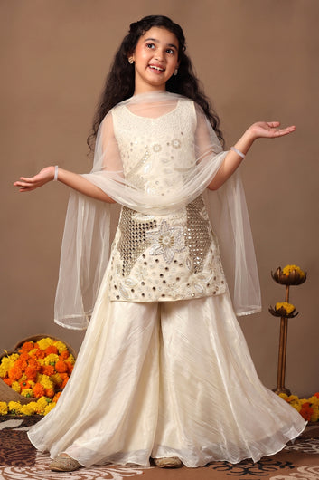 Girls White Silk Blend Mirror Embroidered Short Kurta and Palazzo With Dupatta Ethnic Set