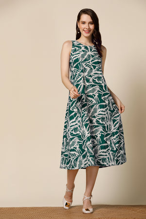 Womens Green Delta Zebra Printed Gathered Calf Length Dress
