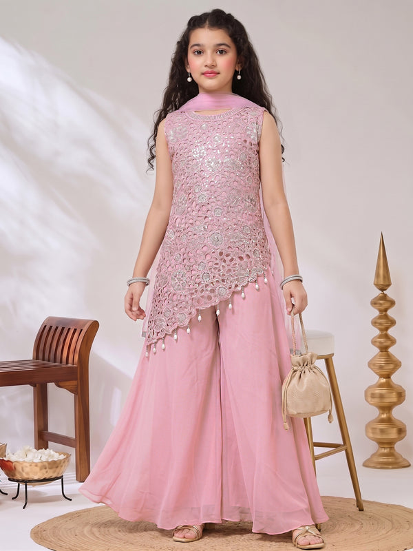 Girls Light pink Georgette Sequin Embroidered Cut Work Kurta and Palazzo With Dupatta Set Traditional Outfit For Girls