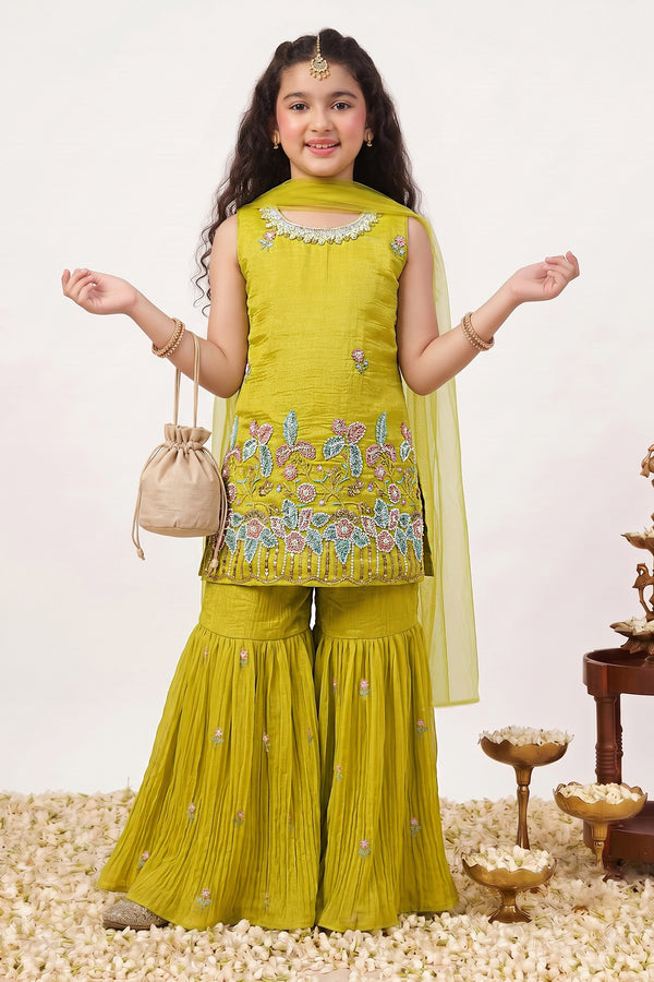 Girls Yellow Silk Blend Floral Embroidered Crop Top and Sharara With Dupatta Set For Trendy Look