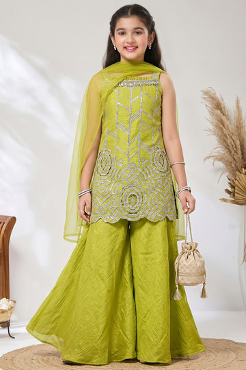 Girls Lemon Silk Blend Kurta, Palazzo And Top Inner With Dupatta Set Diwali Outfit