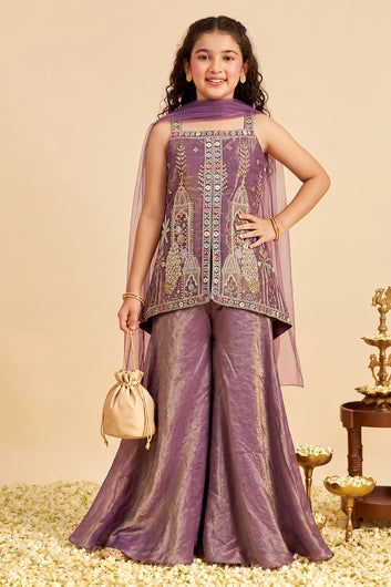 Girls-Purple Silk Blend Sequin Bead Work Top and Palazzo With Dupatta Set For Traditional Outfit
