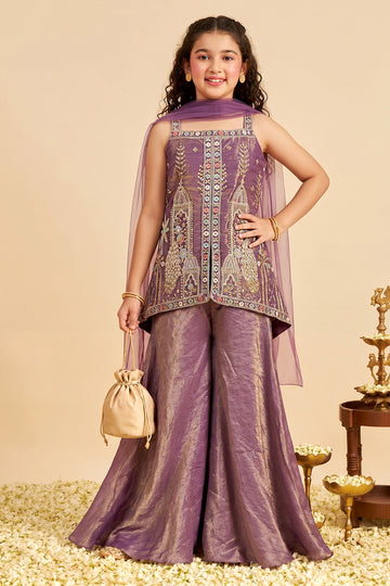 Girls-Purple Silk Blend Sequin Bead Work Top and Palazzo With Dupatta Set For Traditional Outfit