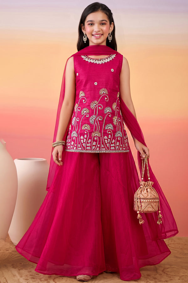 Girls Rani Silk Blend Floral Sequin Bead Work Embroidered Kurta and Palazzo With Dupatta For Festive Wear
