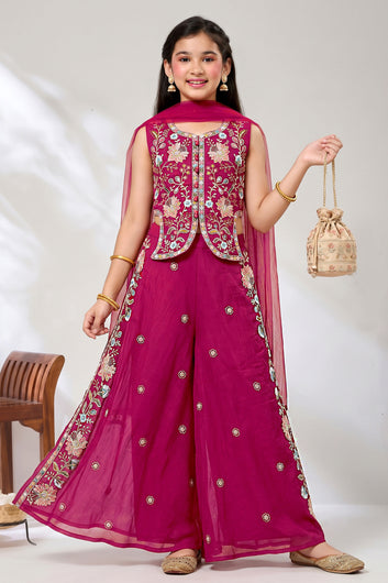 Girls Rani Silk Blend Floral Sequin Embroidered Crop Top and Palazzo With Dupatta Set For Ethnic Look