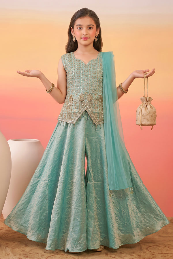 Girls Olive Silk Blend Sequin Bead Work Crop Top and Palazzo With Dupatta Set For Ethnic Outfit