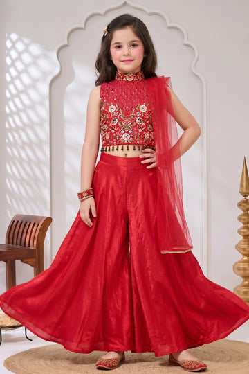 Girls Rani Silk Blend Embroidered Crop Top and Palazzo with Dupatta Set For Festive Wear
