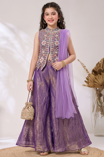 Girls Purple Silk Blend Top And Palazzo With Dupatta Set For Ethnic Wear