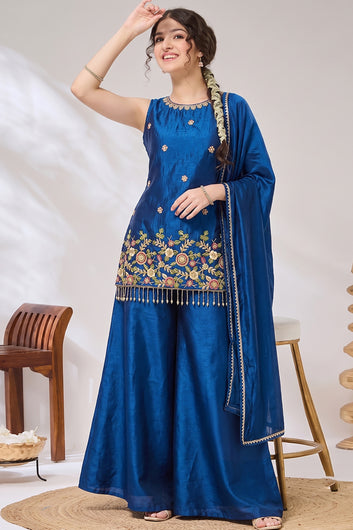 Girls Rust Silk Blend Embroidered Kurta and Palazzo With Dupatta Set For Party Wear