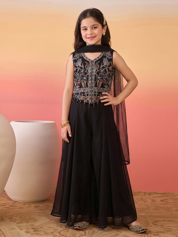 Girls Black Silk Blend Embroidered Crop Top and Palazzo with Dupatta Set For Festive Wear