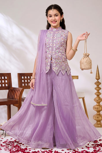Girls Lavender Silk Blend Top And Palazzo With Dupatta Set Festival wear