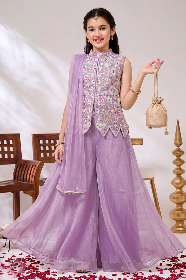 Girls Lavender Silk Blend Top And Palazzo With Dupatta Set Festival wear