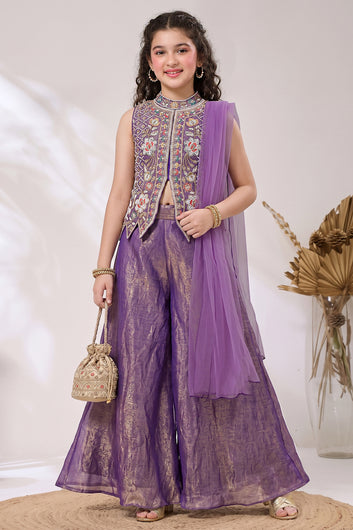 Girls Purple Silk Blend Top And Palazzo With Dupatta Set For Ethnic Wear