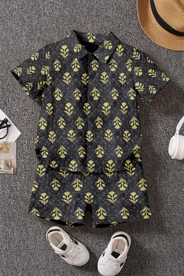 Boys Black Cotton Blend Printed Shirt With Short Pant Set