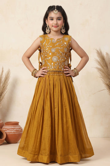 Girl's Brown Silk Blend Embroidered Sleeveless Top Style Choli with Side Knot and Flared Lehenga For Traditional Look