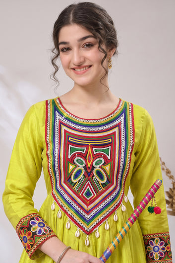 Girls Lemon Silk Blend Floral Embroidered Fit and Flare Dress For Traditional Look