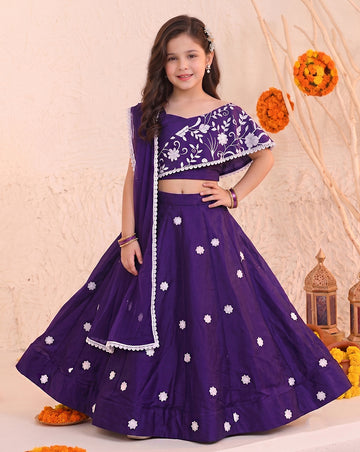 Girls Voilet Silk Blend Floral Embroidered Lehenga and Choli With Dupatta Ethnic Set For Festive Look