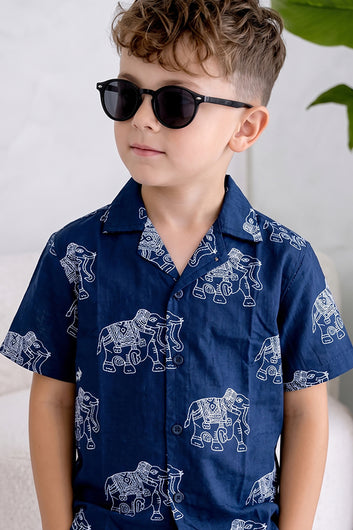 Boys Blue Cotton Blend Animal Printed Shirt and Shorts Set For Summer Wear