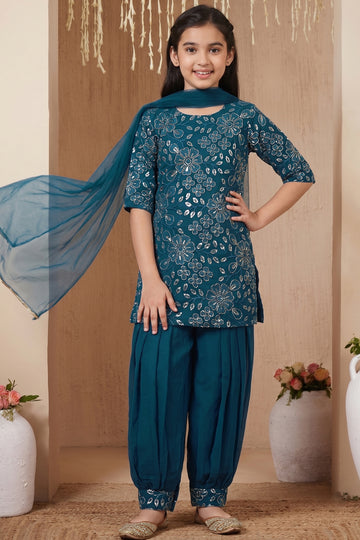 Girls Rama Silk Blend Sequin Embroidered Salwar Suit Set With Dupatta Trendy Kurta Set For Kids