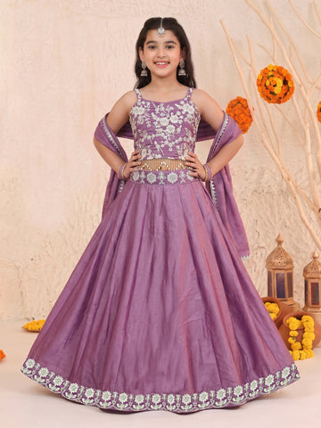 Girls Purple Silk Blend Floral Embroidered Lehenga and Choli With Dupatta Festive Set For Girls