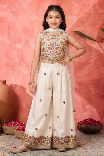 Girls White Silk Blend Sequin Embroidery Crop Top and Palazzo With Dupatta Ethnic Set