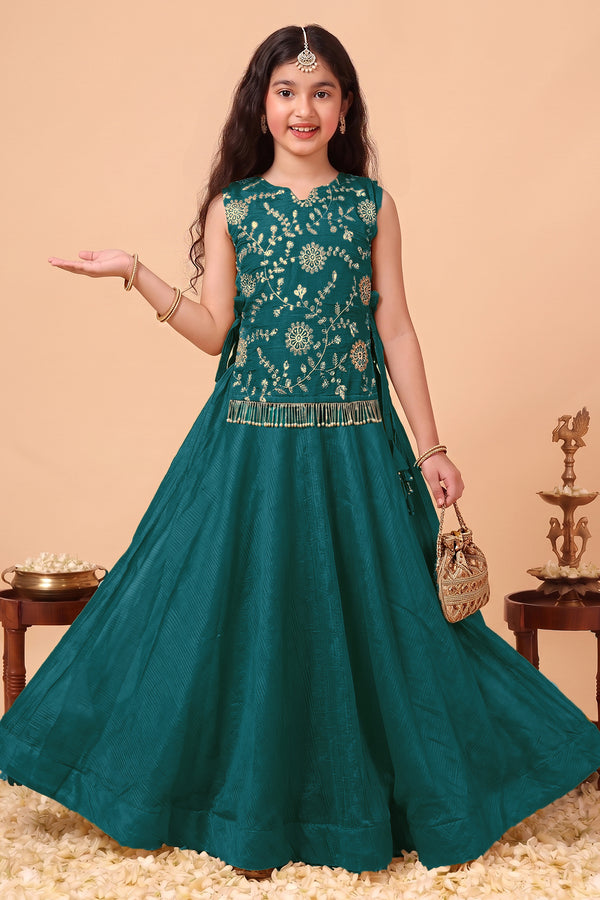 Girl's Rama Silk Blend Embroidered Sleeveless Top Style Choli and Inner Top with Flared Lehenga For Traditional Look