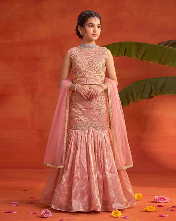 Girls Peach Silk Blend Bead Work Lehenga Coli With Dupatta Ethnic Set