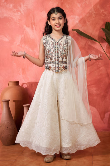 Girls White Silk Blend Floral Embroidered Crop Top and Palazzo With Dupatta Stylish Ethnic Set
