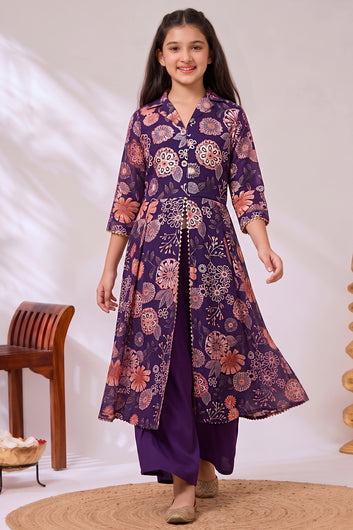 Girl's Dark Purple Chanderi Silk Printed Front Slit Kurta and Palazzo Set