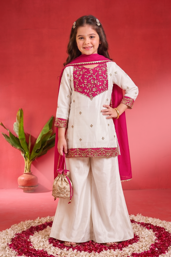 Girls Off White Roman Silk Embroidered Kurta Palazzo Dupatta Girls Ethnic Festive Wear Co Ord Set