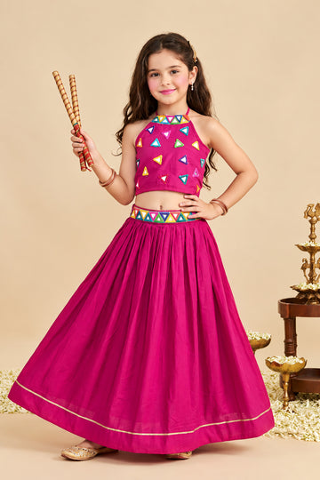 Girls Rani Silk Blend Mirror work Embroidered Lehenga and Choli Set For Traditional Look