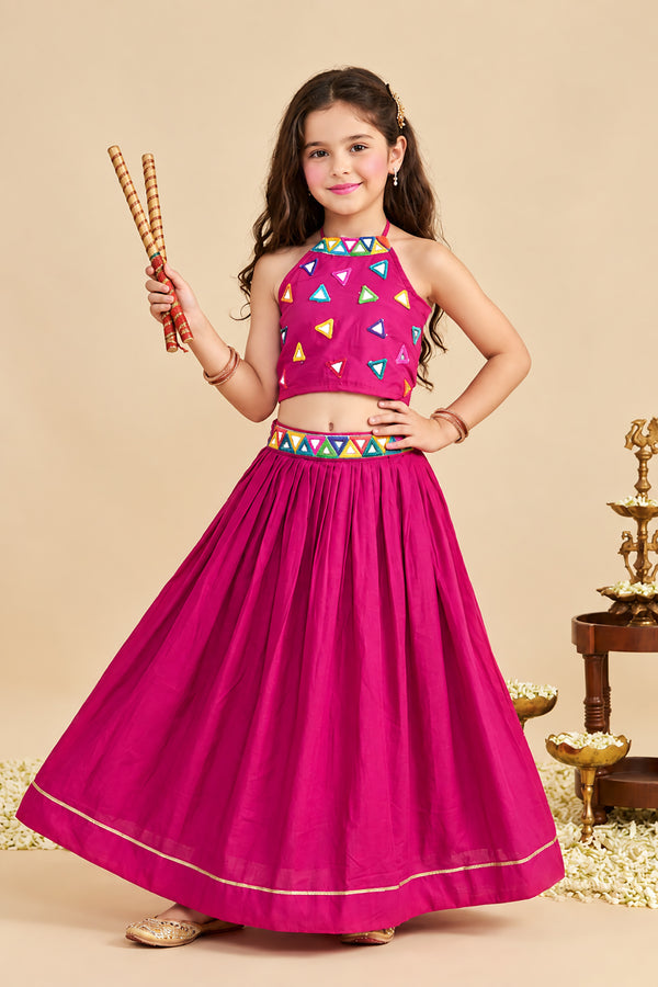Girls Rani Silk Blend Mirror work Embroidered Lehenga and Choli Set For Traditional Look