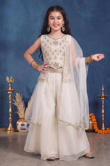Girls White Silk Blend Embroidered Top and Palazzo With Dupatta Ethnic Set