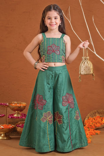 Girls Olive Silk Blend Embroidered Crop Top and Palazzo Ethnic Outfit Set